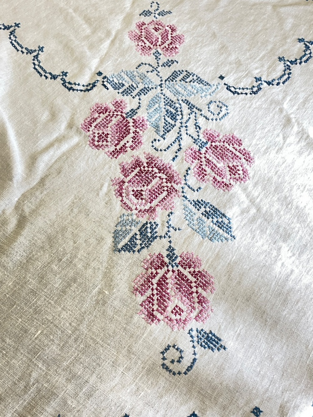 Vintage 64" Round Hand Embroidered Roses Linen Tablecloth Pink Blue - Picture 10 of 16